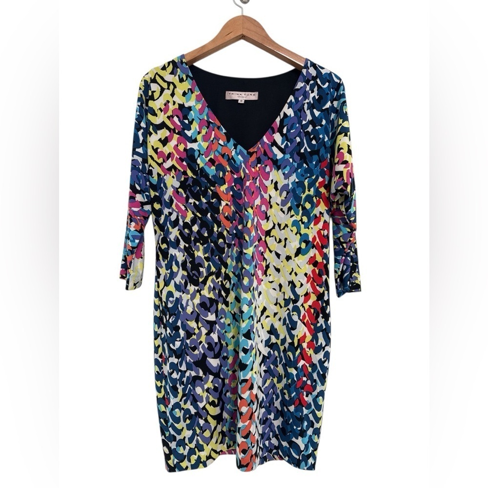 Trina Turk Dominica Multicolor Printed 3/4 Sleeve V-Neck Lined Dress Size 8